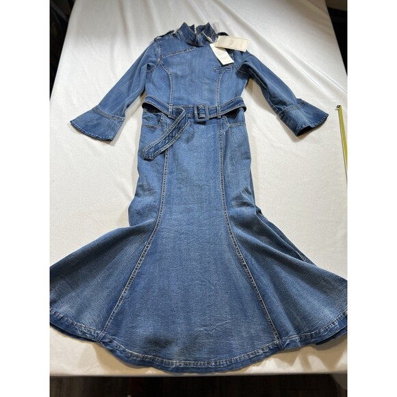 Chic Womens Denim Slim Cheongsam Collar Flared Sleeve Mermaid Dress Size Large - Picture 5 of 15
